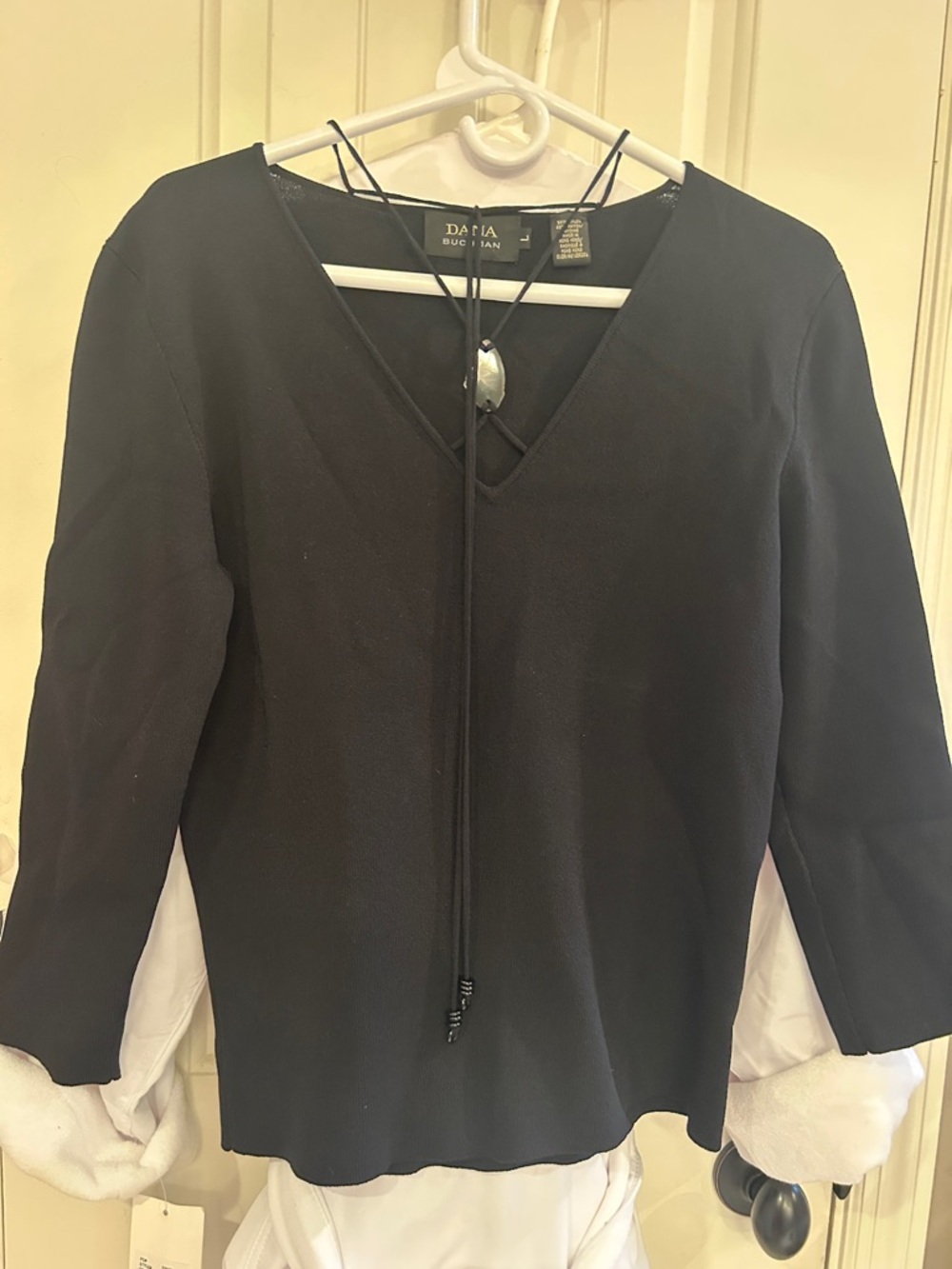 Dana Buchman Black V-Neck Top with Stone Pendant Strap Detail luxury style